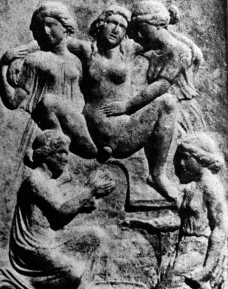Ancient Greek relief of a woman in birthing chair