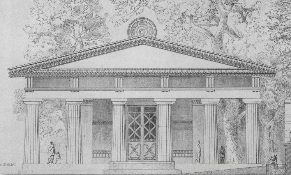 Temple of Hera artist impression showing the acroterion at the top, shaped like peacock feathers, a symbol of Hera